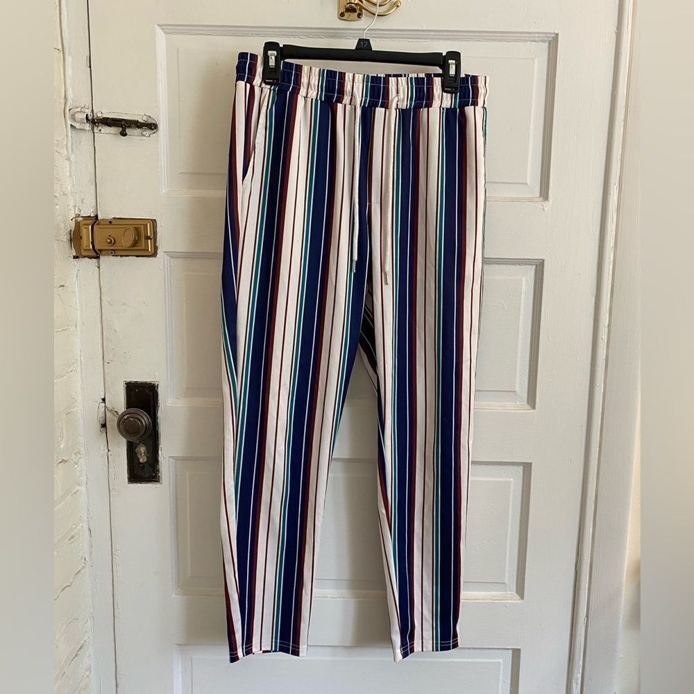 Striped Men's Pants - Multicolor Blue Red and White Size Medium